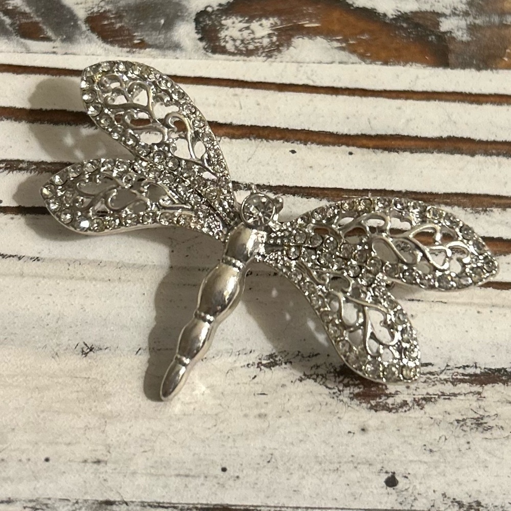 Dragonfly Brooch Rhinestone Brooch Signed FAF Vintage Silver Tone Jewelry